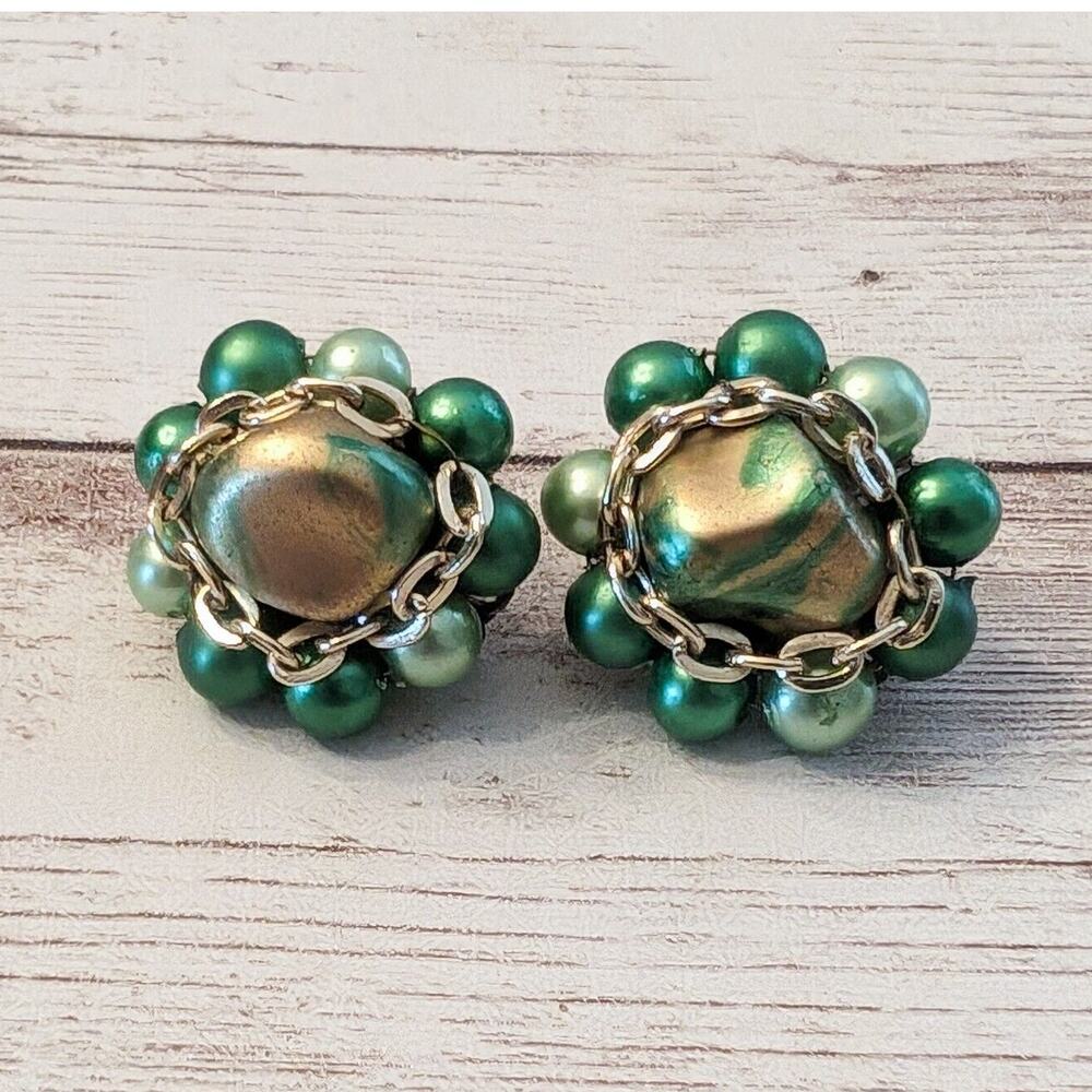 Vintage Clip On Earrings - 7/8" Green with Chain Detail Cluster Stamped Japan